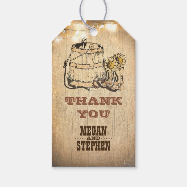 Landsbyggsbröllopet CowboyBoots Rustic Presentetikett (Framsidan)