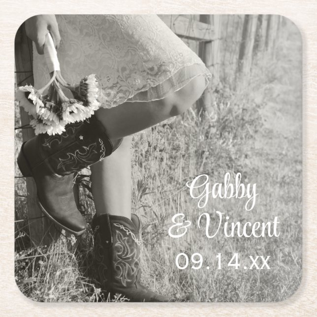 Landsbyggsbröllopet Cowgirl och Sunblommor Underlägg Papper Kvadrat (Framsidan)