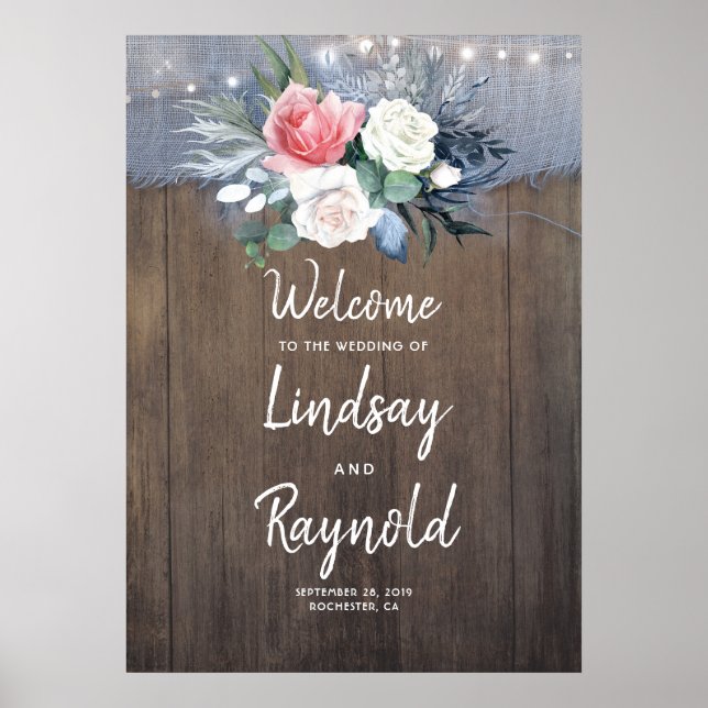 Landsbyggsbröllopet Dusty Blue Rustic Välkommen Poster (Framsidan)
