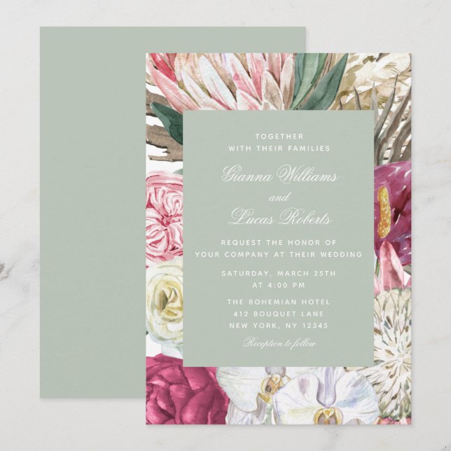 Landsbyggsbröllopet elegant Vattenfärgsfärg Boho-B Inbjudningar (Fram/baksida)