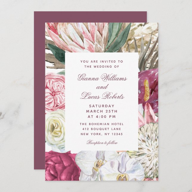 Landsbyggsbröllopet elegant Vattenfärgsfärg Boho-B Inbjudningar (Fram/baksida)