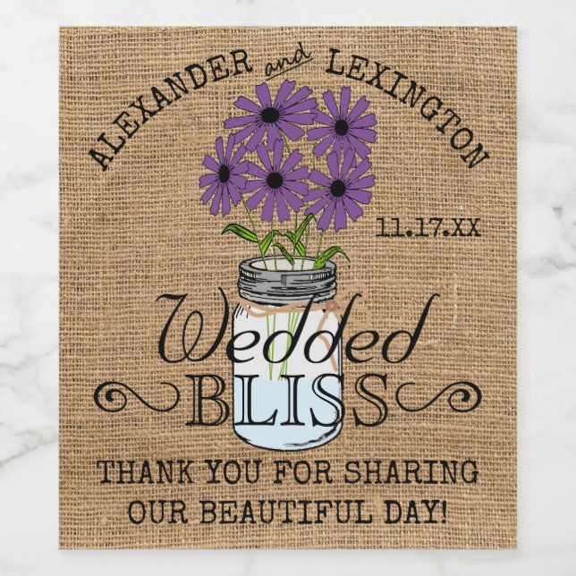 Landsbyggsbröllopet Mason Burk och Burlap Se Rusti Vinflaska Etikett (Singel etikett)