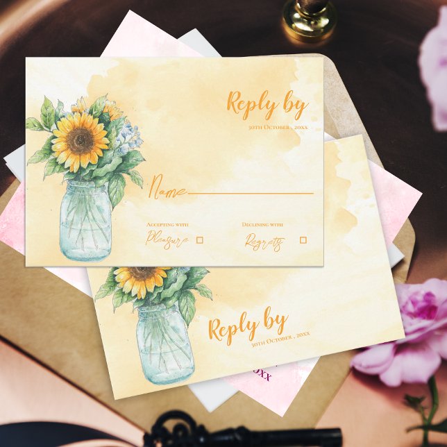 Landsbyggsbröllopet Mason Burk Rustic Solros OSA Kort (Mason Jar Rustic Sunflower Country Wedding Reply RSVP Card)