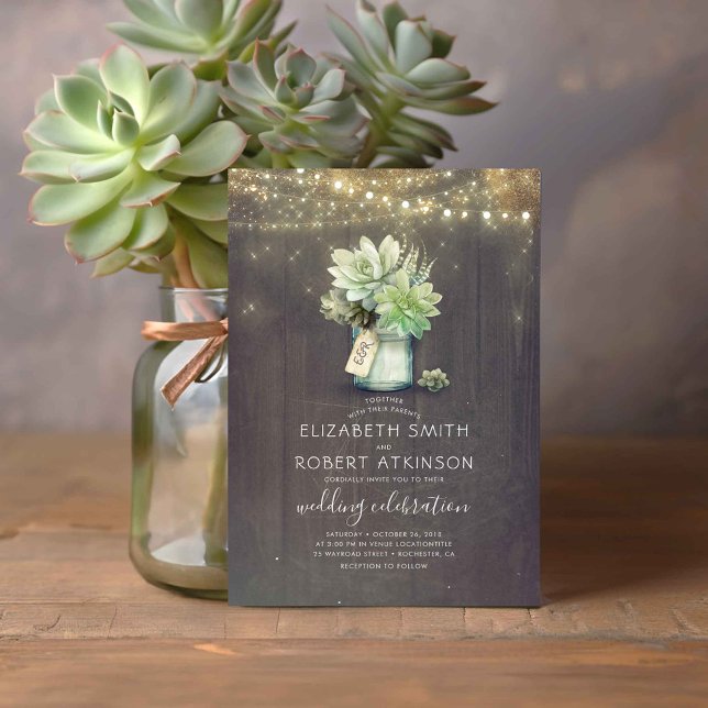 Landsbyggsbröllopet Mason Burk Succulent Bouquet R Inbjudningar (Succulents Mason Jar Vase Cute Rustic Country Wedding Invitation)