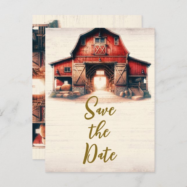 Landsbyggsbröllopet Old Red Barn Rustic Spara datu Meddelande Vykort (Fram/baksida)