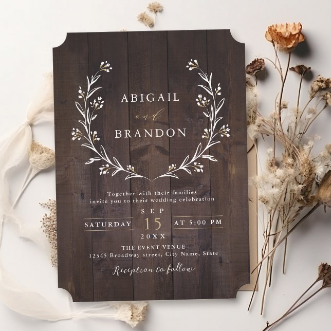 Landsbyggsbröllopet Rustic Barn Wood Boho Blommigt Inbjudningar (Rustic Barn Wood Boho Floral Country Wedding Invitation)