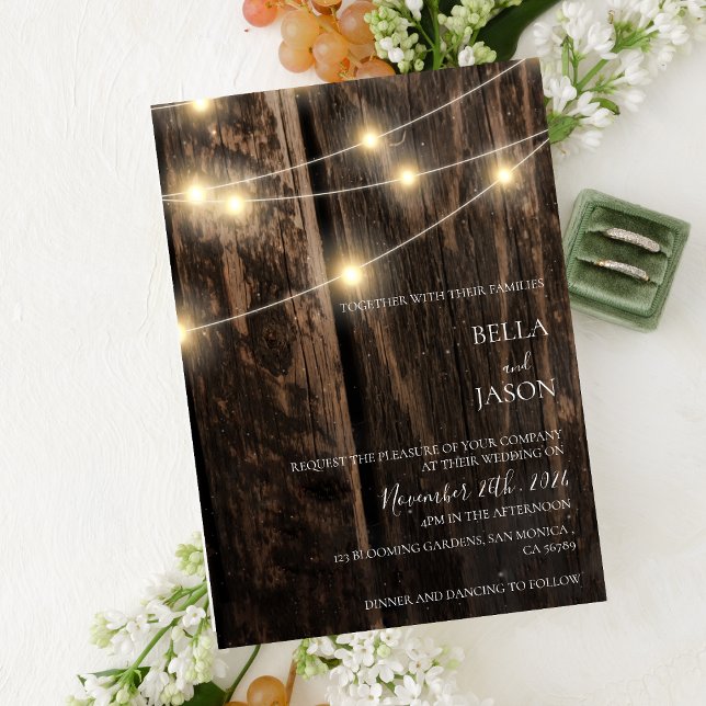 Landsbyggsbröllopet Rustic Barn Wood String Ljus Inbjudningar (Rustic Barn Wood String Lights Country Wedding Invitation)
