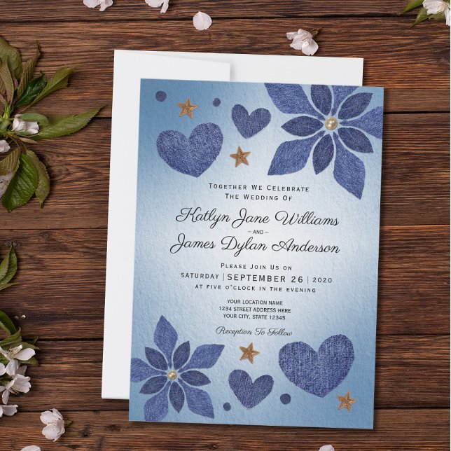 Landsbyggsbröllopet Rustic Blue Jean Denim Flowers Inbjudningar (Front Of Wedding Invitation)