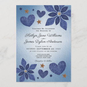 Landsbyggsbröllopet Rustic Blue Jean Denim Flowers Inbjudningar