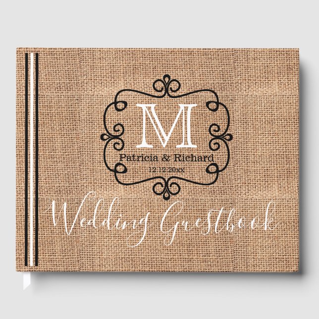 Landsbyggsbröllopet Rustic Burlap Monogram Gästböcker (Framsida)