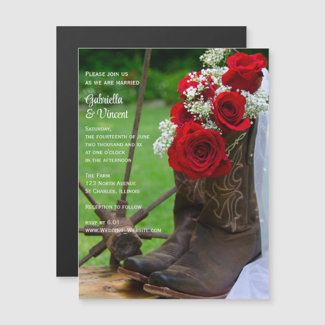 Landsbyggsbröllopet Rustic Röd ros och CowboyBoots Magnetisk Inbjudningskort (Fram/baksida)