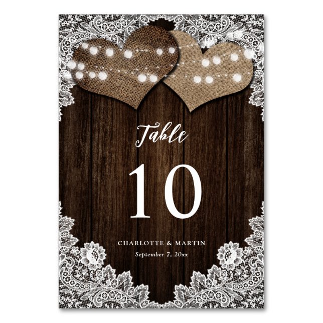 Landsbyggsbröllopet Rustic Wood Burlap Blommigt Sn Bordsnummer (Framsidan)