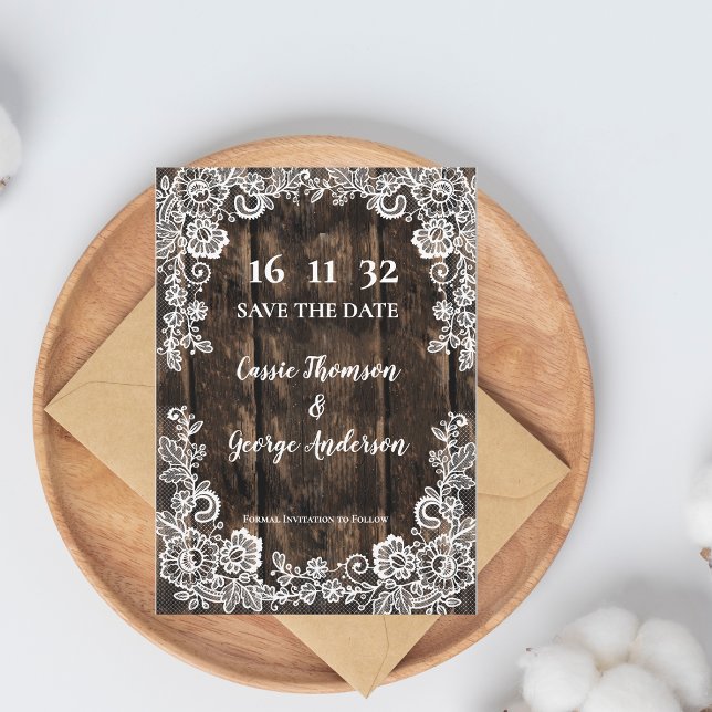 Landsbyggsbröllopet Rustic Wood Snöre Spara datume (Rustic Wood Lace Country Wedding Save the Date)