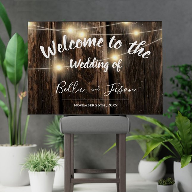Landsbyggsbröllopet Rustic Wood String Ljus Välkom Poster (Rustic Wood String Lights Country Wedding Welcome Poster)