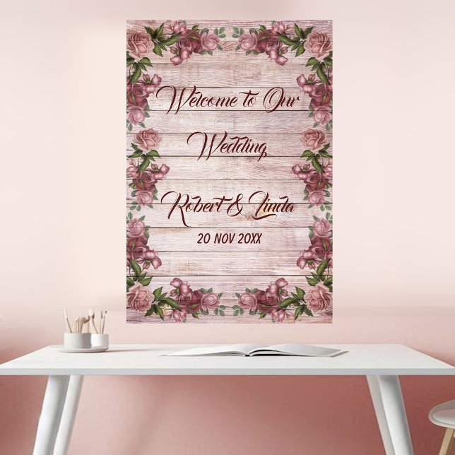 Landsbyggsbröllopet Rustic Woodland Ro Blommigt Po Poster (Rustic Woodland Rose Floral Country Wedding Poster)