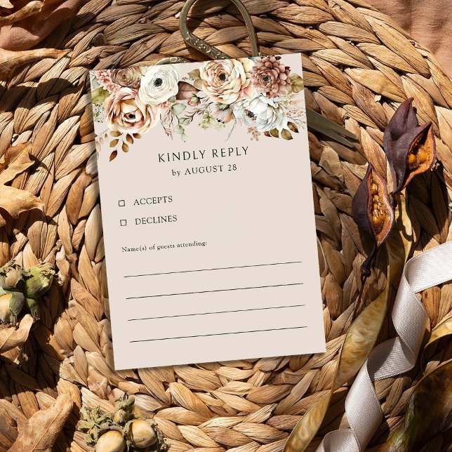 Landsbyggsbröllopet Rustik Blommigt brun Neutralt OSA Kort (RSVP card rom the Rustic Floral Brown Neutral Wedding Collection by Darling & May)