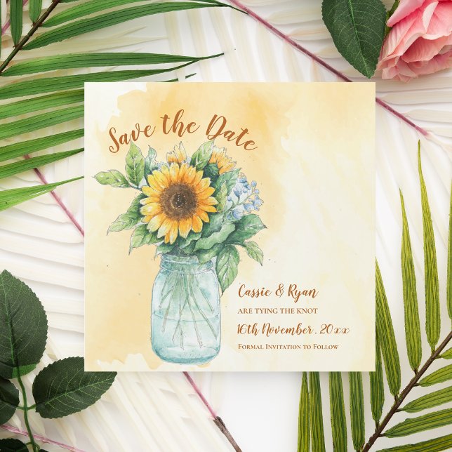Landsbyggsbröllopet Solblommor Mason Burk Spara da (Sunflowers Mason Jar Country Wedding Save the Date)