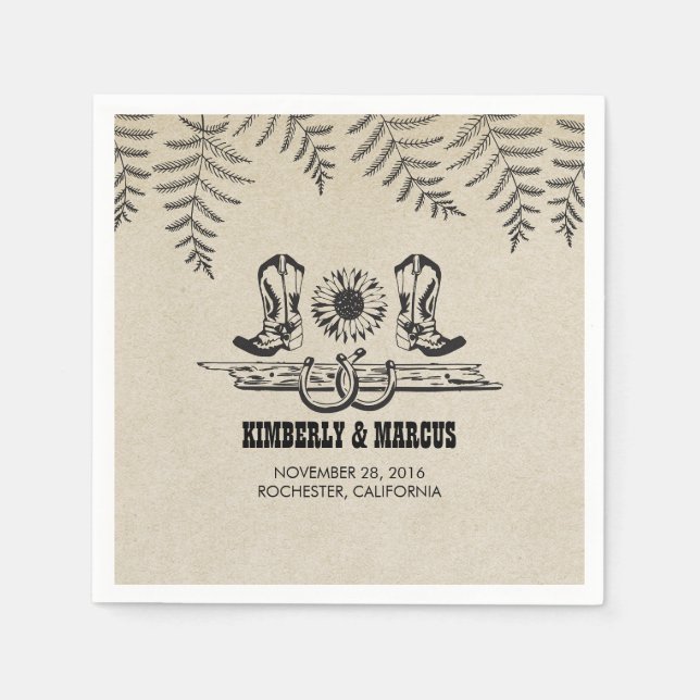 Landsbyggsbröllopet Solros Cowboy Boots Rustic Pappersservett (Framsidan)
