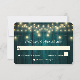 Landsbyggsbröllopet Teal Barn Wood String Ljus OSA Kort