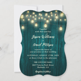 Landsbyggsbröllopet Teal Rustic Wood String Ljus Inbjudningar