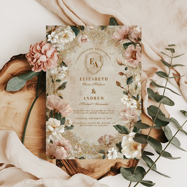 Landsbyggsbröllopet vintage Cream Blommigt Inbjudningar (Skapare uppladdad)