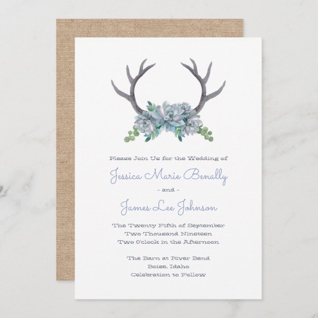 Landsbyggsbröllopet Watercolor Antlers och Echever Inbjudningar (Fram/baksida)