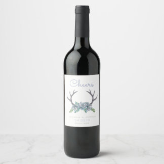Landsbyggsbröllopet Watercolor Antlers och Echever Vinflaska Etikett