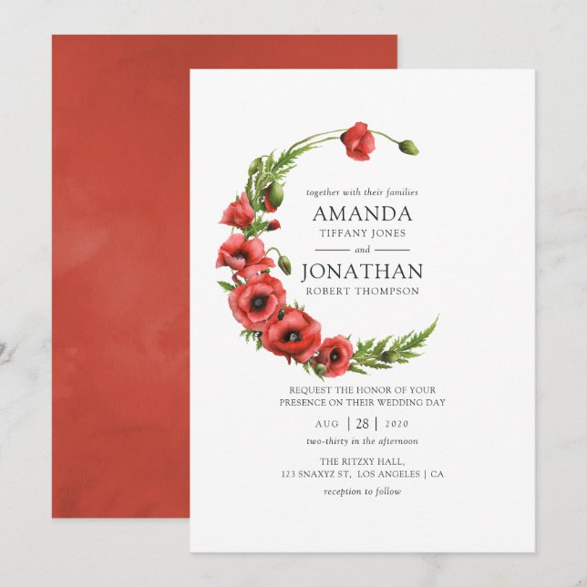 Landsbyggsbröllopet Watercolor Red Poppy Rustic Inbjudningar (Fram/baksida)