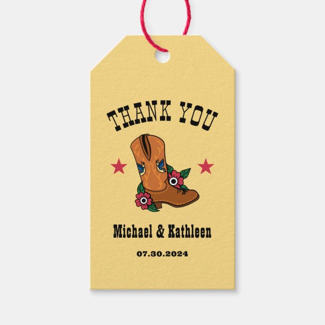 Landsbyggsbröllopet western Blommigt Cowboy Boot R Presentetikett (Framsidan)