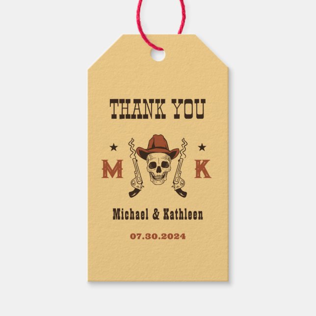 Landsbyggsbröllopet western Cowboy Skull Monogram Presentetikett (Framsidan)
