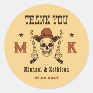 Landsbyggsbröllopet western Cowboy Skull Monogram Runt Klistermärke