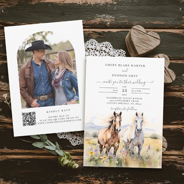 Landsbyggsbröllopet Wildblommor Horses Painting Ru Inbjudningar (country wedding invitation rustic western barn watercolor cowboy horses wildflowers calligraphy)