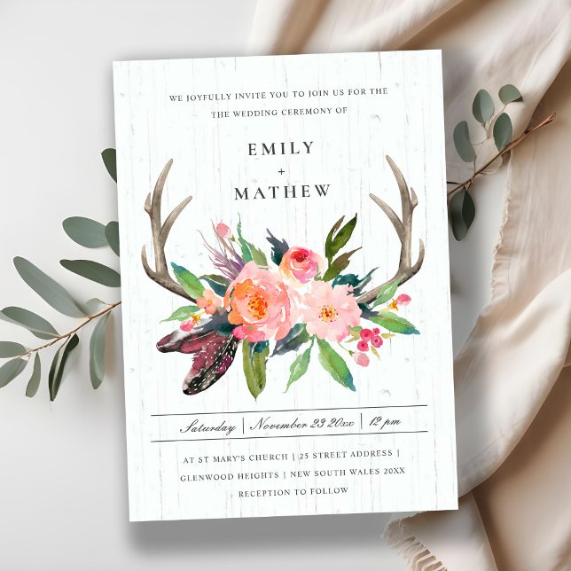 LANDSBYGGSBRÖLLOPET WOODEN BOHO  ANTLER BLOMMIGT INBJUDNINGAR (Skapare uppladdad)