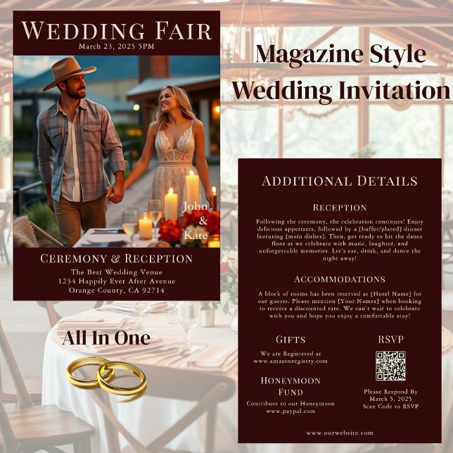Landsbyggsbröllopets magasinomslag inbjudningar (Country Wedding Magazine Cover  Invitation All in one)