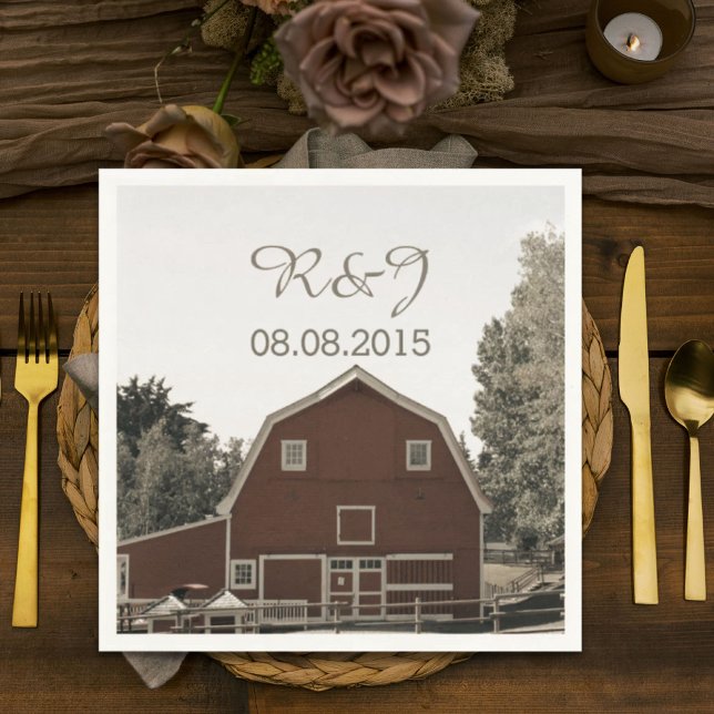 landsbyggsbröllopets rött bröllop på lada pappersservett (rustic country wedding red barn wedding favor napkins)