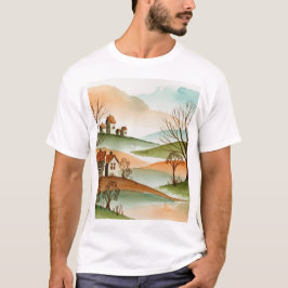 landscape of hills with small houses t shirt