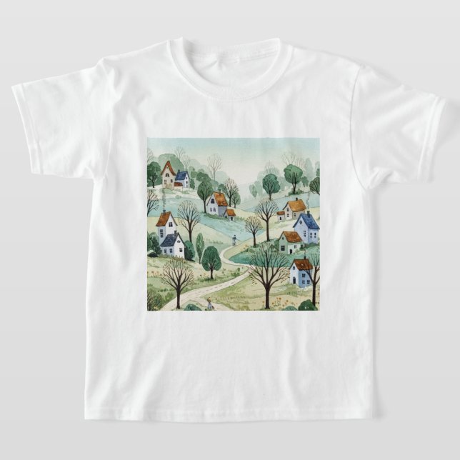 landscape of hills with small houses t shirt (Laydown)