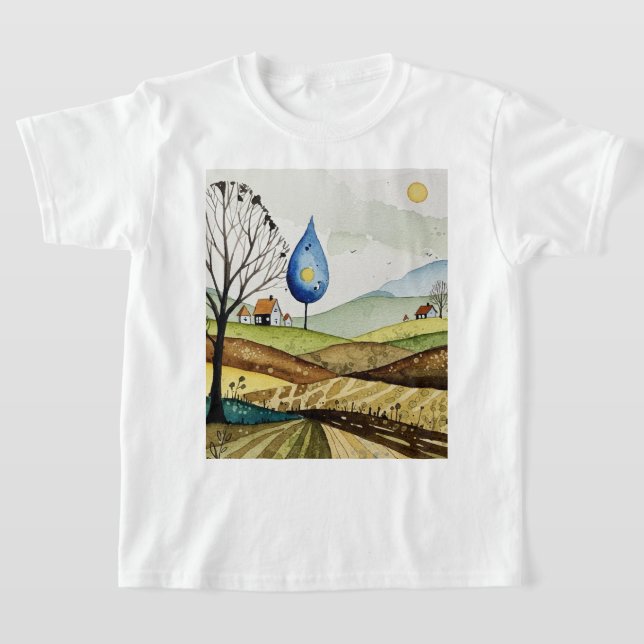 landscape of hills with small houses t shirt (Laydown)