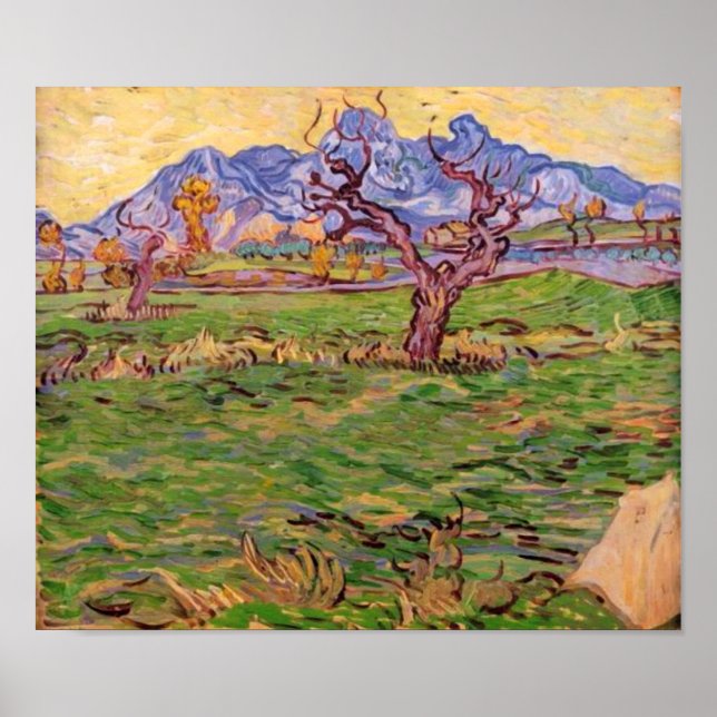 Landscape Olive Träd Mountain, Van Gogh Fine Art Poster (Framsidan)