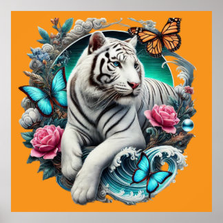 LANDSCAPE WITH TIGER, BUTTERFLIES AND FLOWERS POSTER