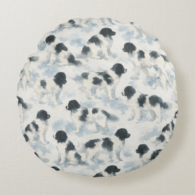 Landseer Newfoundland dog watercolor  Rund Kudde (Framsidan)