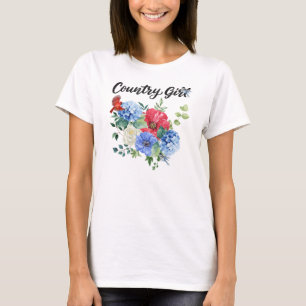 Landsflicka med röda/vita/blå blommor & fåglar t shirt