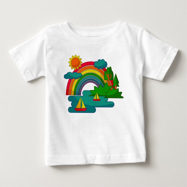 Landskap för fartygsresor under moln och regnbåge  t shirt (Framsida)
