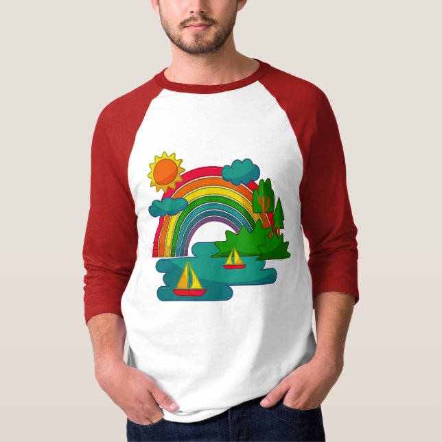 Landskap för fartygsresor under moln och regnbåge  t shirt (Framsida)