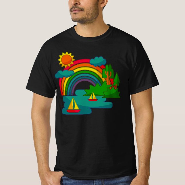 Landskap för fartygsresor under moln och regnbåge  t shirt (Framsida)