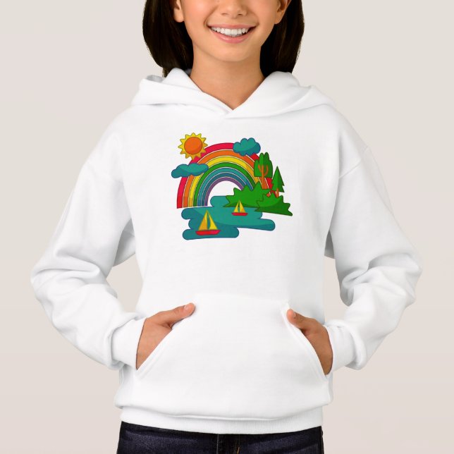 Landskap för fartygsresor under moln och regnbåge  t shirt (Framsida)
