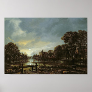 Landskap i Moonlit med stugor Poster