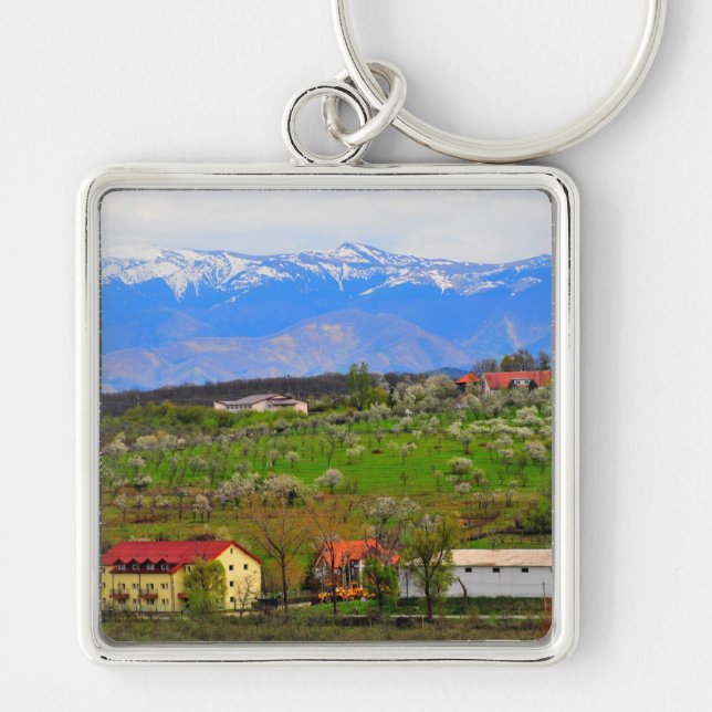 Landskap i Sibiu-bergen Fyrkantig Silverfärgad Nyckelring (Framsidan)