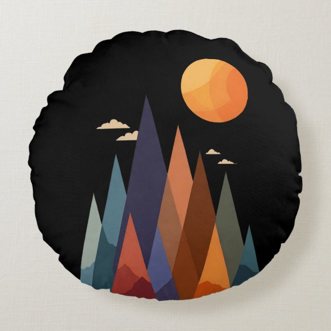 Landskap med berg och Sol Rund Kudde (Framsidan)