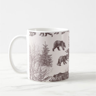 Landskap med björnar, unge, vintern träd och t kaffemugg